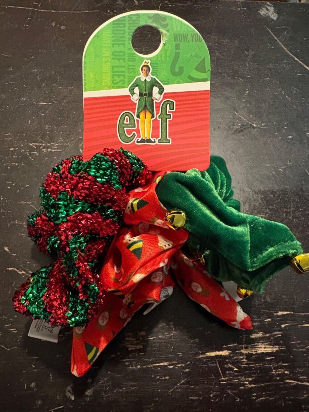 Elf Christmas Hair Scrunchies Set Of 3 Festive Velvet & Satin With Jingle Bells